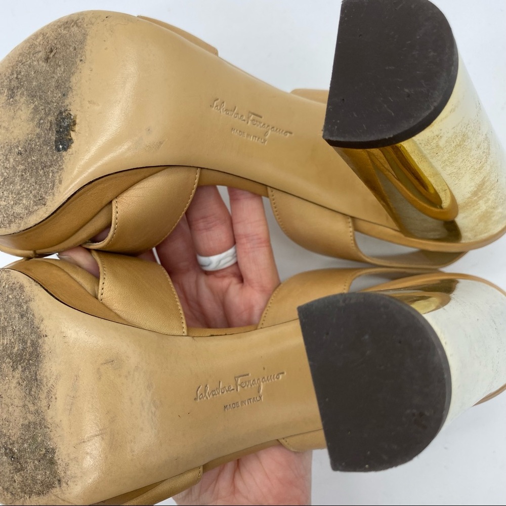 Salvatore Ferragamo Gold Block Heel Leather Sandals - Picture 11 of 11
